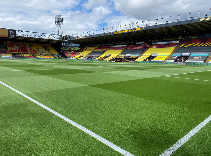 The pitch inside the stadium at Watford Football Club
