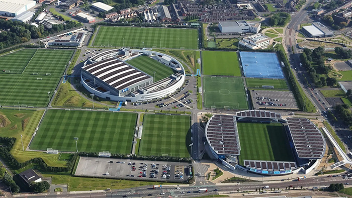 Manchester City's Stadium and Training Facility, with mounted solar panels