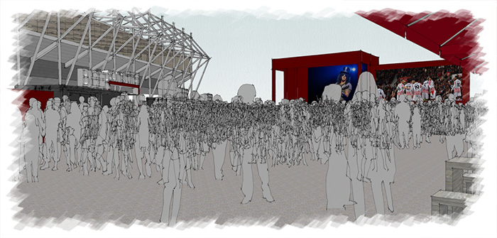 A drawing of the proposed 31st video screen and surrounding crowd at Stoke City FC