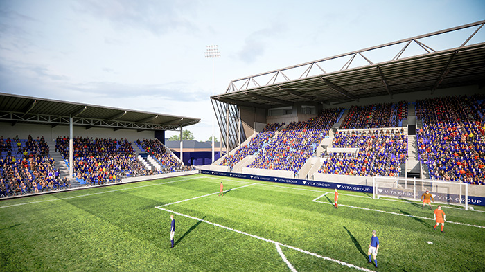 A rendering of how Stockport County's Edgeley Park will look after the expansion