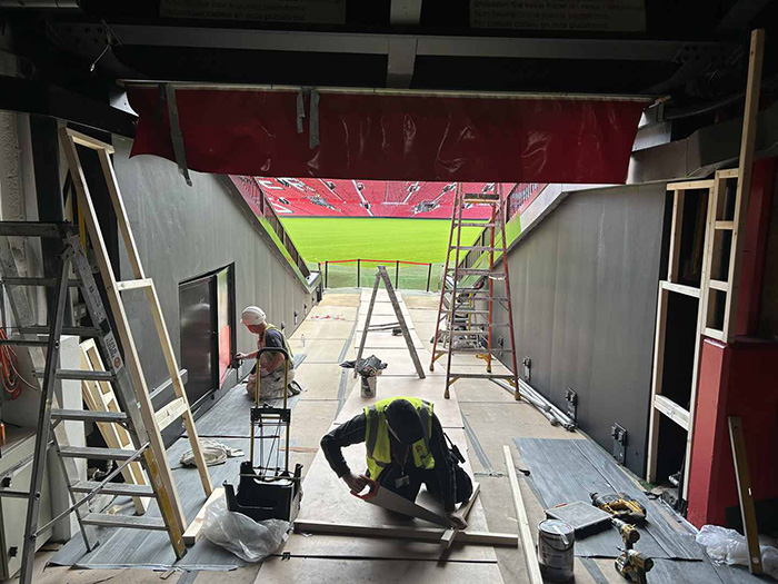 Work in progress on the Players Tunnel at Manchester United's Old Trafford