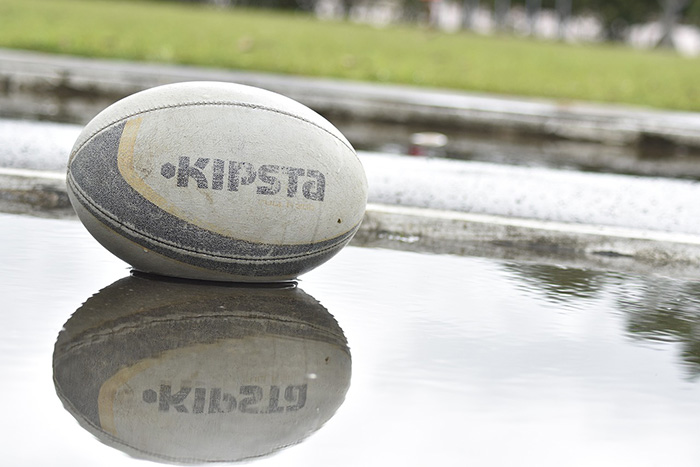 A waterlogged rugby pitch