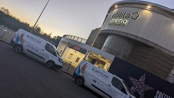 Two Swiftclean vans outside the utilita arena Sheffield