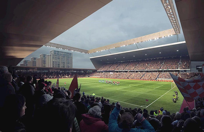 An Aerial view of the south face of the new stadium being designed for Luton Town