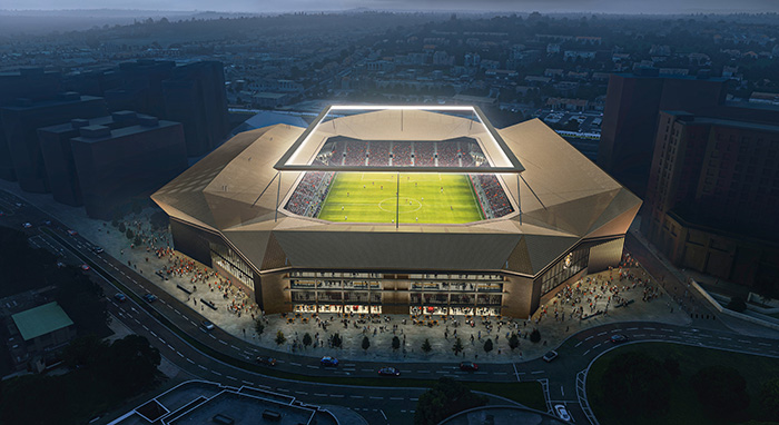 An Aerial view of the south face of the new stadium being designed for Luton Town