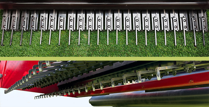 details of the ZZ-Topper Verticutting machine and the resulting trimmed grass