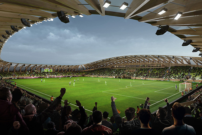 A rendering of how a football match would look inside the newly-approved all-wooden stadium