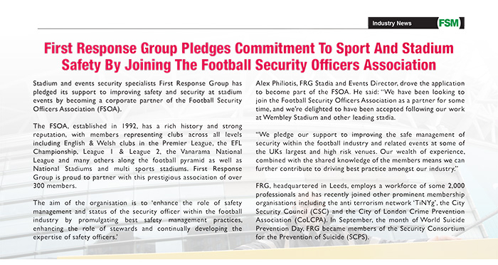 First Response Group Pledges Commitment To Sport And Stadium Safety By Joining The FSOA