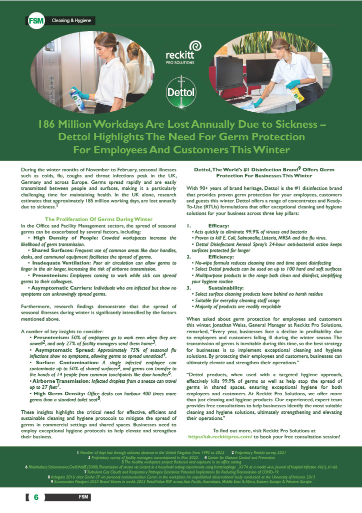 186 Million Workdays Are Lost Annually Due to Sickness – Dettol Highlights The Need For Germ Protection For Employees And Customers This Winter