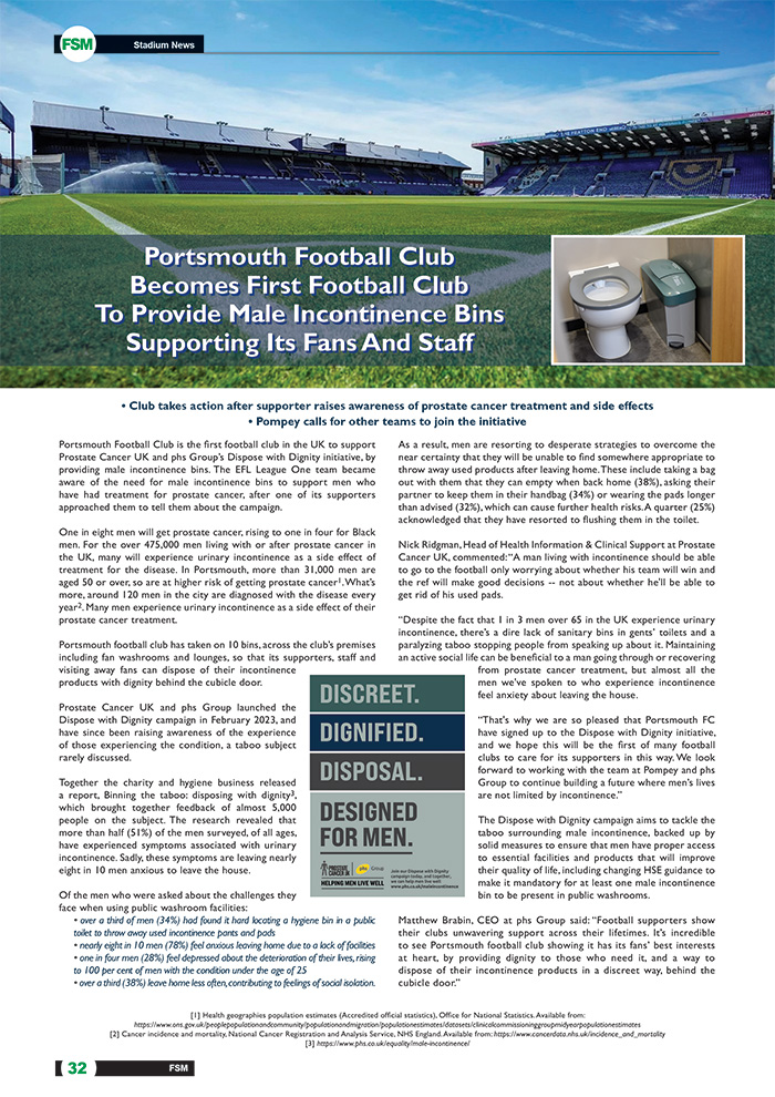 Portsmouth Football Club Becomes First Football Club To Provide Male Incontinence Bins Supporting Its Fans And Staff