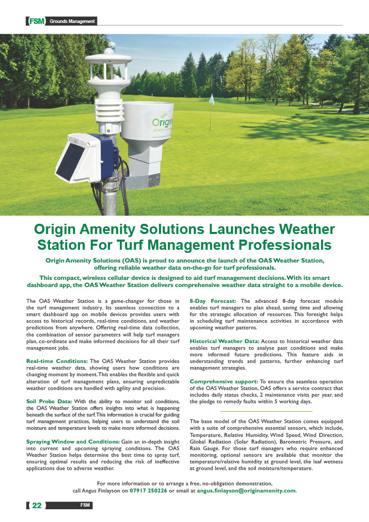 Origin Amenity Solutions Launches Weather Station For Turf Management Professionals