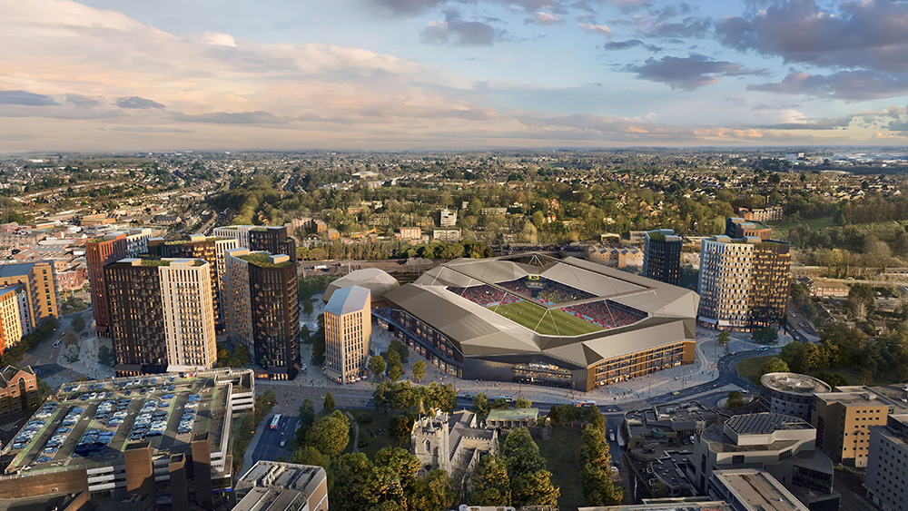 An aerial view of the now-approved Luton Town Football Club Power Court Development