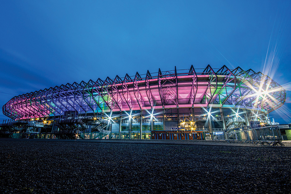 Murrayfield Stadium illuminated at night