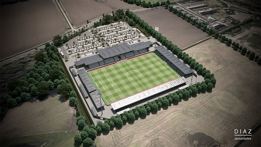 Marine Football Club Edge Lane Stadium Plans, aerial view of the stadium. Image credit: Marine FC / DIAZ associates.