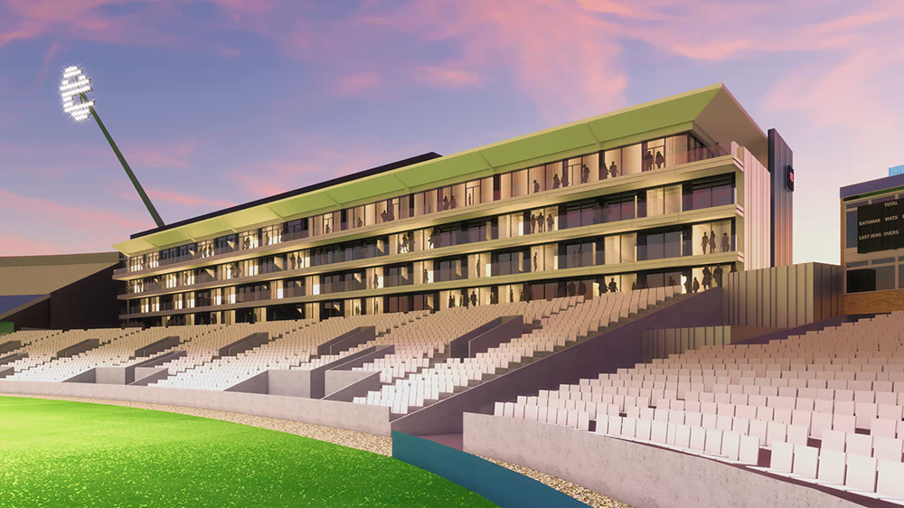 A rendering of how the Radisson Red Hotel as seen from the Edgbaston pitch will look at night