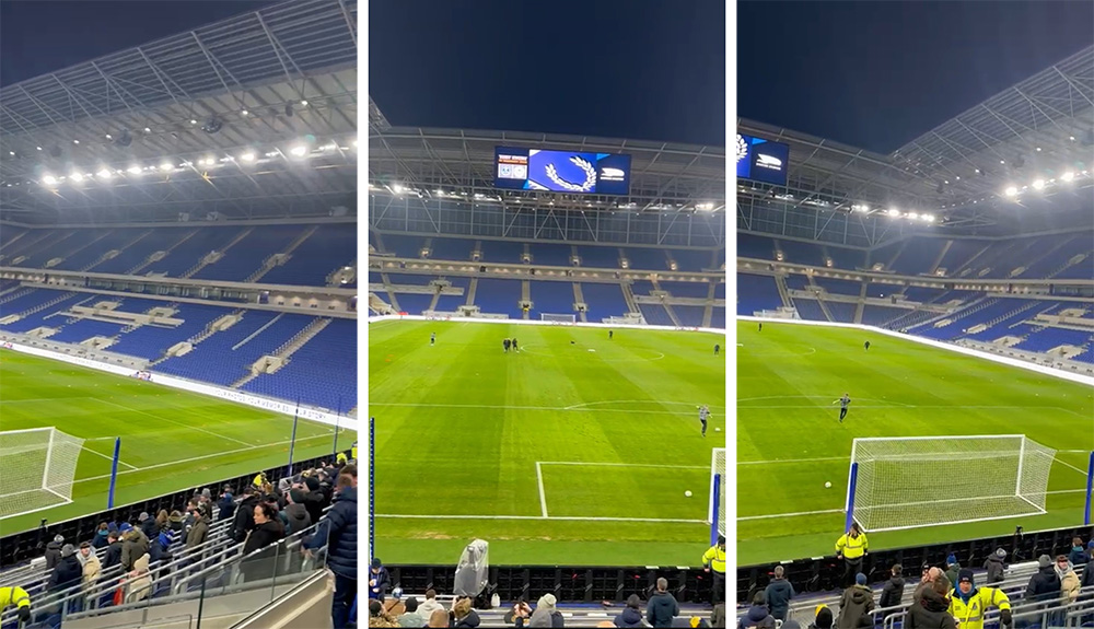 Three shots of the test game at Bramley Moore Dock stadium, Everton FC's new home