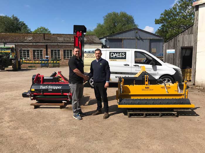 Craig Whitham, Contracts Manager for Dales Sports Surfaces taking delivery of their new Turf Stripper and BLECavator from Scott Trestrail of F G Adamson & Son.